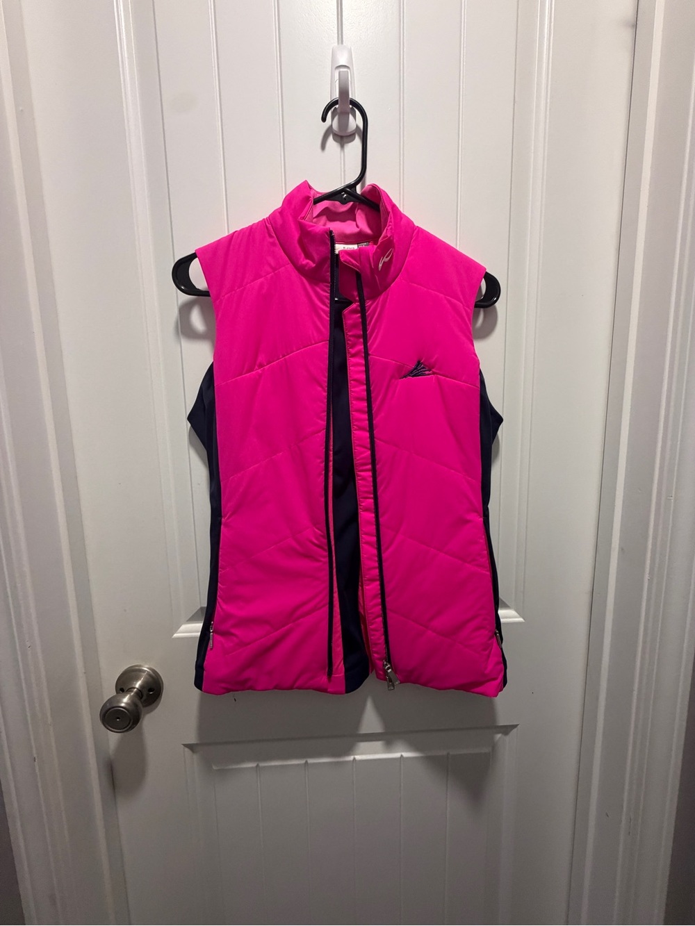 Quilted Pink Insulated Vest with Navy Panels women’s golf vest.